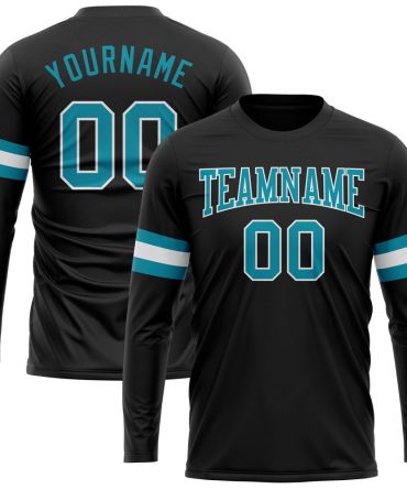 Custom Black Teal-White Long Sleeve Performance T-Shirt, For Football, Baseball, Hockey, Basketball, Softball & Rugby Fans