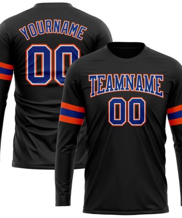Custom Black Royal Orange-White Long Sleeve Performance T-Shirt, For Football, Baseball, Hockey, Basketball, Softball & Rugby Fans
