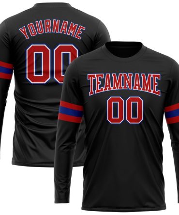 Custom Black Red Royal-White Long Sleeve Performance T-Shirt, For Football, Baseball, Hockey, Basketball, Softball & Rugby Fans
