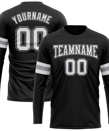 Custom Black White-Gray Long Sleeve Performance T-Shirt, For Football, Baseball, Hockey, Basketball, Softball & Rugby Fans