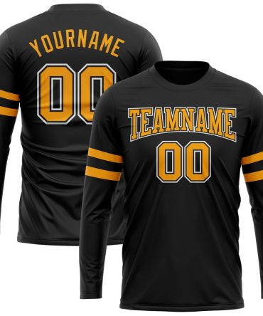 Custom Black Gold-White Long Sleeve Performance T-Shirt, For Football, Baseball, Hockey, Basketball, Softball & Rugby Fans