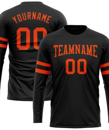 Custom Black Orange Long Sleeve Performance T-Shirt, For Football, Baseball, Hockey, Basketball, Softball & Rugby Fans