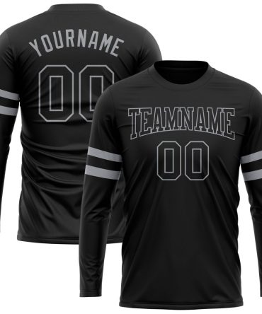 Custom Black Black-Gray Long Sleeve Performance T-Shirt, For Football, Baseball, Hockey, Basketball, Softball & Rugby Fans