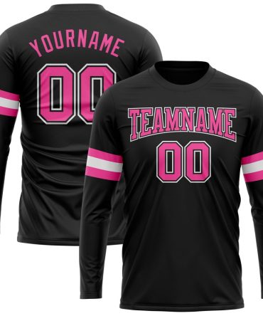 Custom Black Pink-White Long Sleeve Performance T-Shirt, For Football, Baseball, Hockey, Basketball, Softball & Rugby Fans