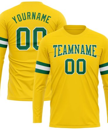 Custom Gold Kelly Green-White Long Sleeve Performance T-Shirt, For Football, Baseball, Hockey, Basketball, Softball & Rugby Fans