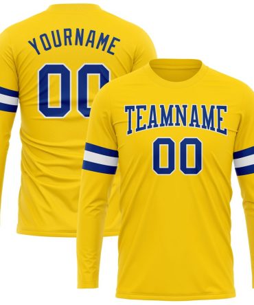 Custom Gold Royal-White Long Sleeve Performance T-Shirt, For Football, Baseball, Hockey, Basketball, Softball & Rugby Fans