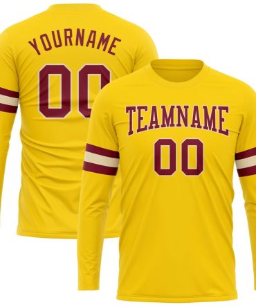 Custom Gold Crimson-Cream Long Sleeve Performance T-Shirt, For Football, Baseball, Hockey, Basketball, Softball & Rugby Fans