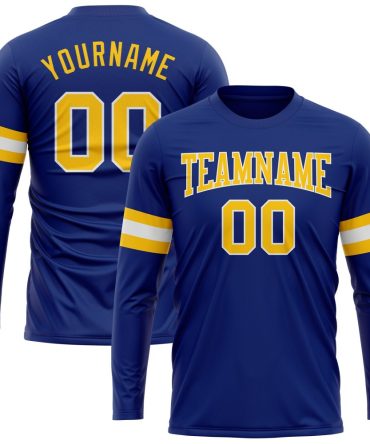 Custom Royal Gold-White Long Sleeve Performance T-Shirt, For Football, Baseball, Hockey, Basketball, Softball & Rugby Fans