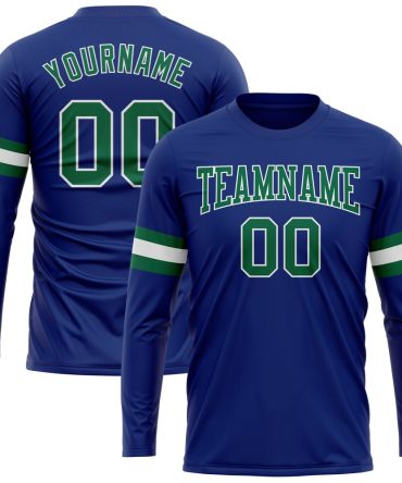 Custom Royal Kelly Green-White Long Sleeve Performance T-Shirt, For Football, Baseball, Hockey, Basketball, Softball & Rugby Fans
