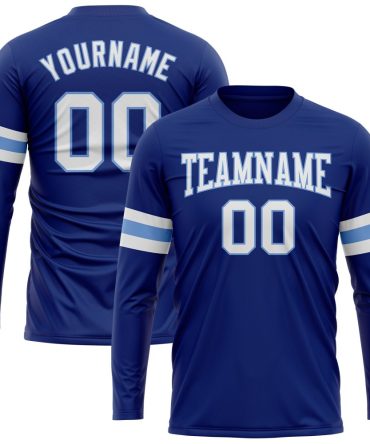 Custom Royal White-Light Blue Long Sleeve Performance T-Shirt, For Football, Baseball, Hockey, Basketball, Softball & Rugby Fans