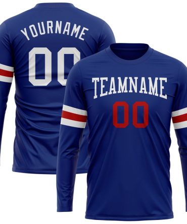 Custom Royal White-Red Long Sleeve Performance T-Shirt, For Football, Baseball, Hockey, Basketball, Softball & Rugby Fans