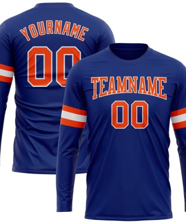 Custom Royal Orange-White Long Sleeve Performance T-Shirt, For Football, Baseball, Hockey, Basketball, Softball & Rugby Fans