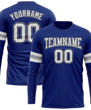 Custom Royal White Black-Gray Long Sleeve Performance T-Shirt, For Football, Baseball, Hockey, Basketball, Softball & Rugby Fans