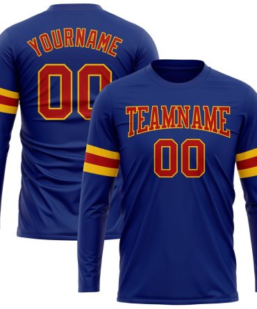 Custom Royal Red-Gold Long Sleeve Performance T-Shirt, For Football, Baseball, Hockey, Basketball, Softball & Rugby Fans