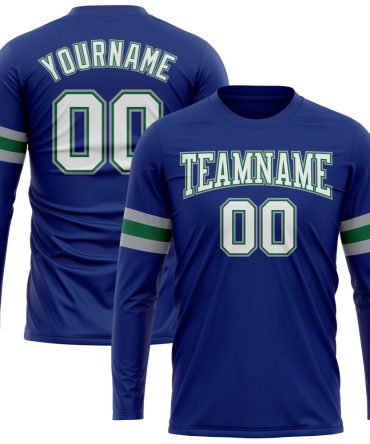 Custom Royal White Kelly Green-Gray Long Sleeve Performance T-Shirt, For Football, Baseball, Hockey, Basketball, Softball & Rugby Fans