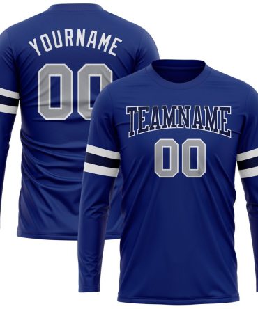 Custom Royal Gray Navy-White Long Sleeve Performance T-Shirt, For Football, Baseball, Hockey, Basketball, Softball & Rugby Fans