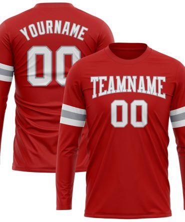 Custom Red White-Gray Long Sleeve Performance T-Shirt, For Football, Baseball, Hockey, Basketball, Softball & Rugby Fans
