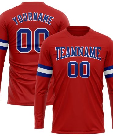 Custom Red Royal-White Long Sleeve Performance T-Shirt, For Football, Baseball, Hockey, Basketball, Softball & Rugby Fans