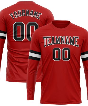 Custom Red Black-White Long Sleeve Performance T-Shirt, For Football, Baseball, Hockey, Basketball, Softball & Rugby Fans