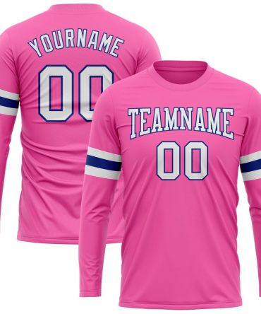 Custom Pink White-Royal Long Sleeve Performance T-Shirt, For Football, Baseball, Hockey, Basketball, Softball & Rugby Fans