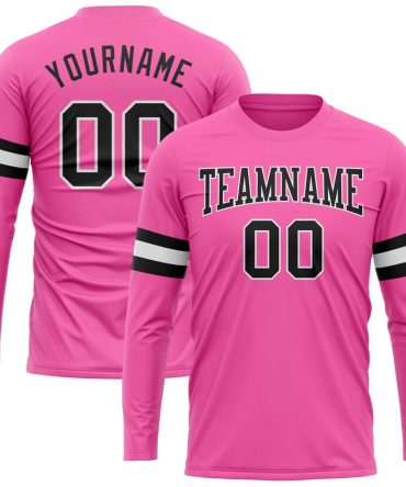 Custom Pink Black-White Long Sleeve Performance T-Shirt, For Football, Baseball, Hockey, Basketball, Softball & Rugby Fans
