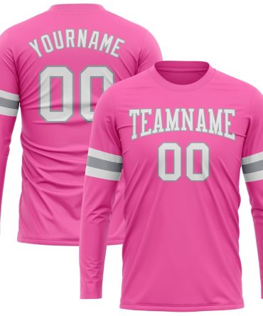 Custom Pink White-Gray Long Sleeve Performance T-Shirt, For Football, Baseball, Hockey, Basketball, Softball & Rugby Fans