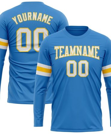 Custom Powder Blue White Gold Long Sleeve Performance T-Shirt, For Football, Baseball, Hockey, Basketball, Softball & Rugby Fans