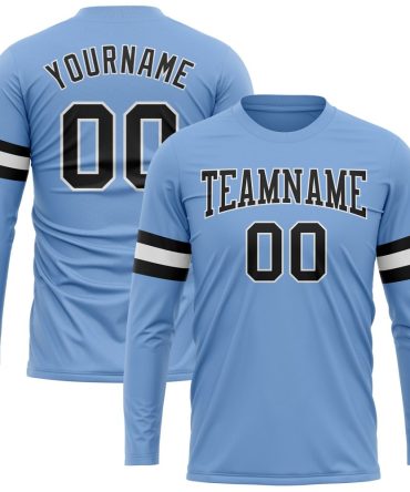 Custom Light Blue Black-White Long Sleeve Performance T-Shirt, For Football, Baseball, Hockey, Basketball, Softball & Rugby Fans
