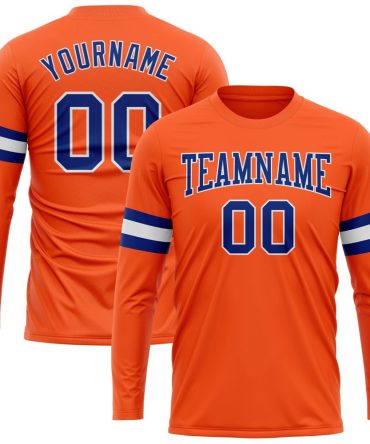 Custom Orange Royal-White Long Sleeve Performance T-Shirt, For Football, Baseball, Hockey, Basketball, Softball & Rugby Fans