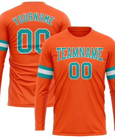 Custom Orange Aqua-White Long Sleeve Performance T-Shirt, For Football, Baseball, Hockey, Basketball, Softball & Rugby Fans