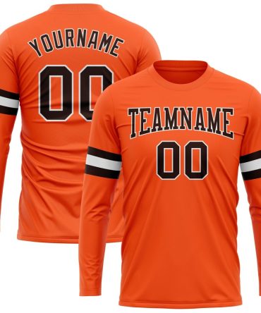 Custom Orange Brown-White Long Sleeve Performance T-Shirt, For Football, Baseball, Hockey, Basketball, Softball & Rugby Fans