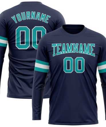 Custom Navy Aqua-White Long Sleeve Performance Salute To Service T-Shirt, For Football, Baseball, Hockey, Basketball, Softball & Rugby Fans