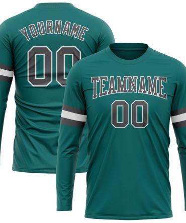 Custom Aqua Steel Gray-White Long Sleeve Performance T-Shirt, For Football, Baseball, Hockey, Basketball, Softball & Rugby Fans