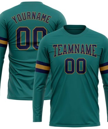 Custom Aqua Navy-Old Gold Long Sleeve Performance T-Shirt, For Football, Baseball, Hockey, Basketball, Softball & Rugby Fans