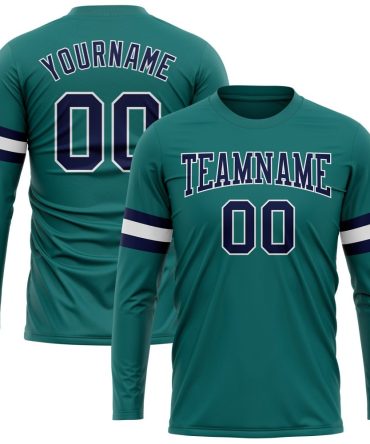 Custom Aqua Navy-White Long Sleeve Performance T-Shirt, For Football, Baseball, Hockey, Basketball, Softball & Rugby Fans