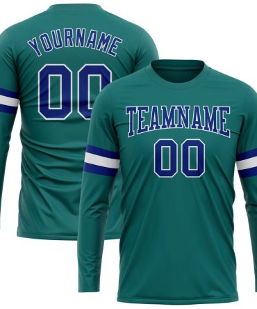 Custom Aqua Royal-White Long Sleeve Performance T-Shirt, For Football, Baseball, Hockey, Basketball, Softball & Rugby Fans
