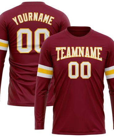 Custom Crimson White-Gold Long Sleeve Performance T-Shirt, For Football, Baseball, Hockey, Basketball, Softball & Rugby Fans