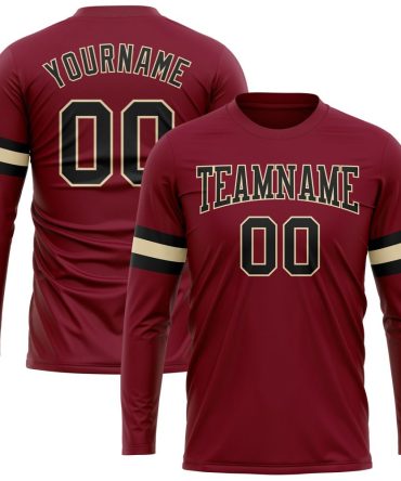 Custom Crimson Black-Cream Long Sleeve Performance T-Shirt, For Football, Baseball, Hockey, Basketball, Softball & Rugby Fans