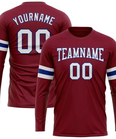 Custom Crimson White-Royal Long Sleeve Performance T-Shirt, For Football, Baseball, Hockey, Basketball, Softball & Rugby Fans