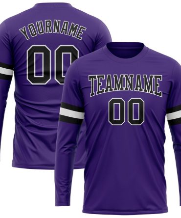 Custom Purple Black-White Long Sleeve Performance T-Shirt, For Football, Baseball, Hockey, Basketball, Softball & Rugby Fans