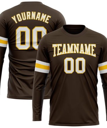Custom Brown White-Gold Long Sleeve Performance T-Shirt, For Football, Baseball, Hockey, Basketball, Softball & Rugby Fans