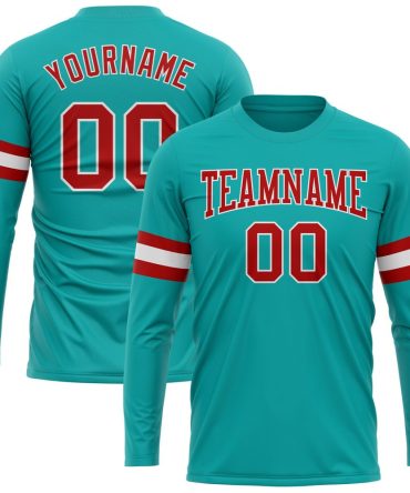 Custom Aqua Red-White Long Sleeve Performance T-Shirt, For Football, Baseball, Hockey, Basketball, Softball & Rugby Fans