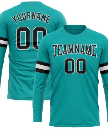 Custom Aqua Black-White Long Sleeve Performance T-Shirt, For Football, Baseball, Hockey, Basketball, Softball & Rugby Fans