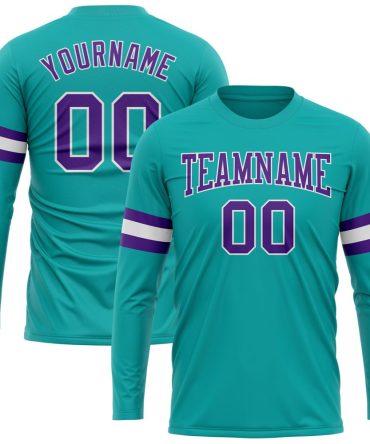 Custom Aqua Purple-White Long Sleeve Performance T-Shirt, For Football, Baseball, Hockey, Basketball, Softball & Rugby Fans