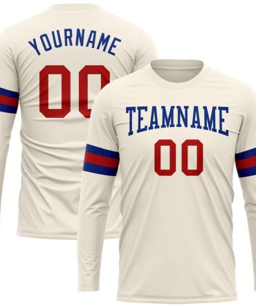 Custom Cream Red-Royal Long Sleeve Performance T-Shirt, For Football, Baseball, Hockey, Basketball, Softball & Rugby Fans