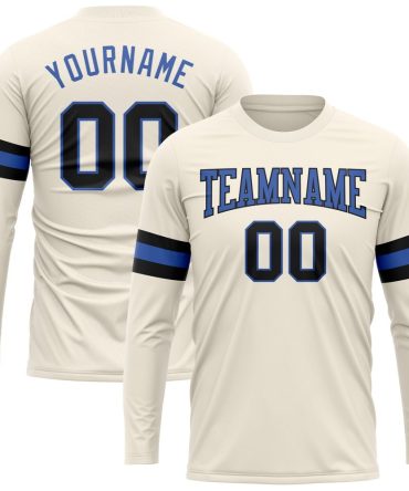 Custom Cream Black-Blue Long Sleeve Performance T-Shirt, For Football, Baseball, Hockey, Basketball, Softball & Rugby Fans