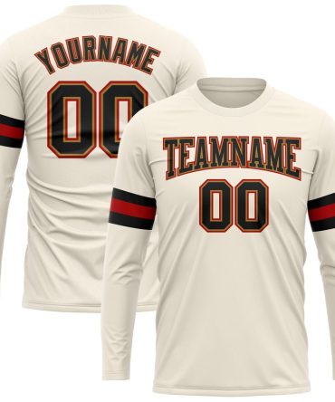 Custom Cream Black Old Gold-Red Long Sleeve Performance T-Shirt, For Football, Baseball, Hockey, Basketball, Softball & Rugby Fans