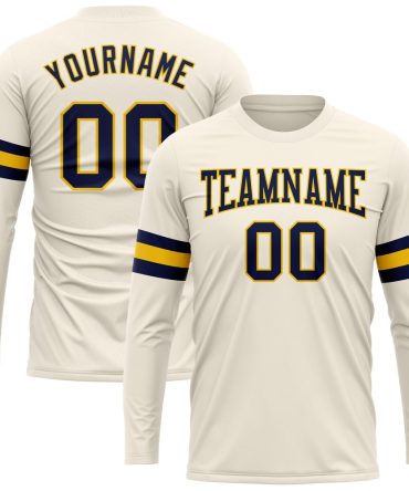 Custom Cream Navy-Gold Long Sleeve Performance T-Shirt, For Football, Baseball, Hockey, Basketball, Softball & Rugby Fans
