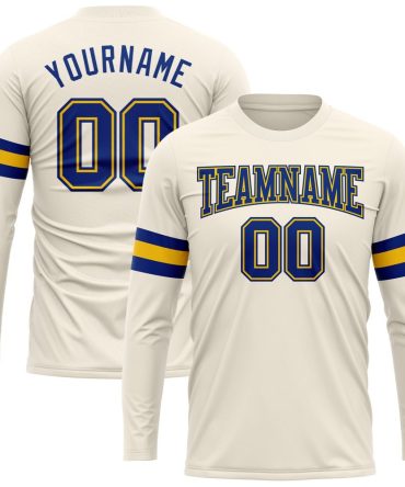 Custom Cream Royal-Gold Long Sleeve Performance T-Shirt, For Football, Baseball, Hockey, Basketball, Softball & Rugby Fans