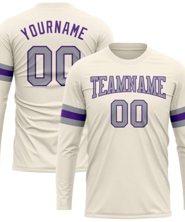 Custom Cream Gray-Purple Long Sleeve Performance T-Shirt, For Football, Baseball, Hockey, Basketball, Softball & Rugby Fans